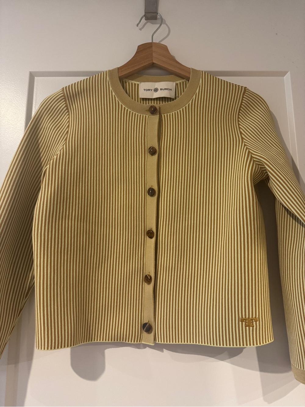 Tory Burch Yellow Striped Ribbed Button-Front Cardigan